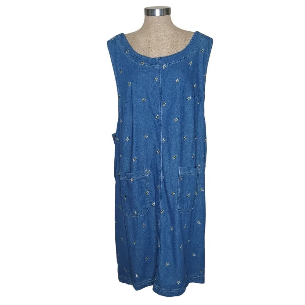 Erika & Co Jumper Dress Blue Denim Sleeveless 3X Comfort Leaf Pattern Pockets